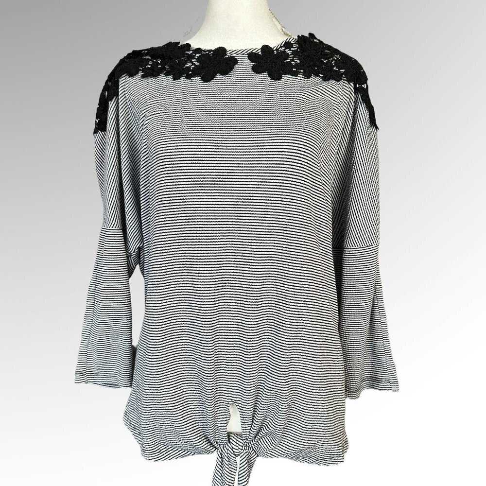 Elle Knit Top Black/White Striped Crochet Trim ,Tie Waist  Size L
